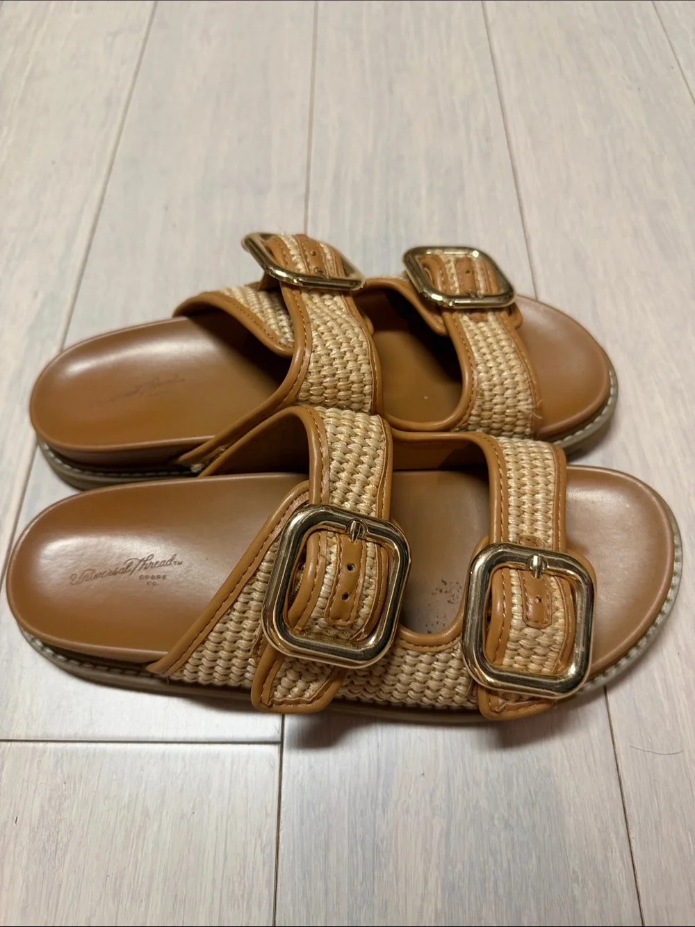 Universal Thread Tan Braided Double-Buckle Slide Sandals with Gold Buckles